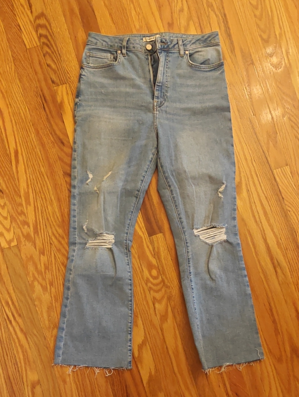 Forever 21 Light Blue Distressed Flare Ankle Jeans